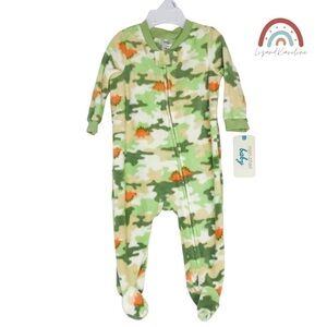 New! Mon Cheri Baby Dinosaur Green Camo Fleece Pajama One Piece Onesie Footies